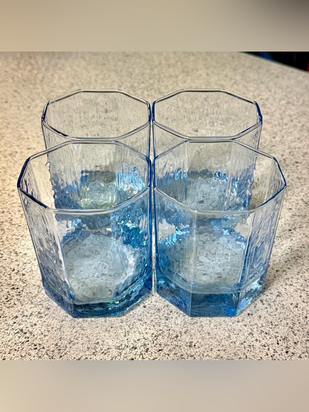 Vintage Libbey Facets Light Blue Lowball Glasses Set of 4 Textured Octagon